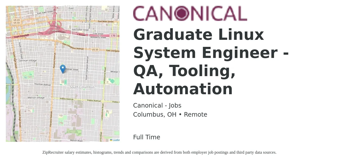 Canonical - Jobs job posting for a Graduate Linux System Engineer - QA, Tooling, Automation in Columbus, OH with a salary of $43 to $60 Hourly with a map of Columbus location.