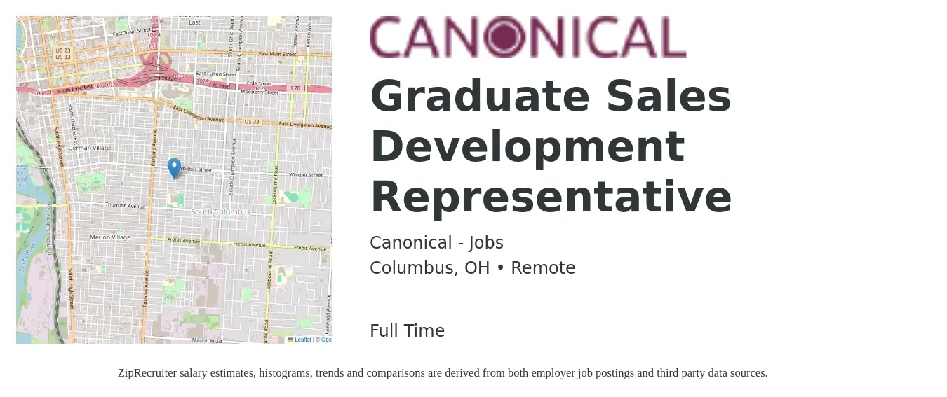 Canonical - Jobs job posting for a Graduate Sales Development Representative in Columbus, OH with a salary of $40,600 to $58,900 Yearly with a map of Columbus location.
