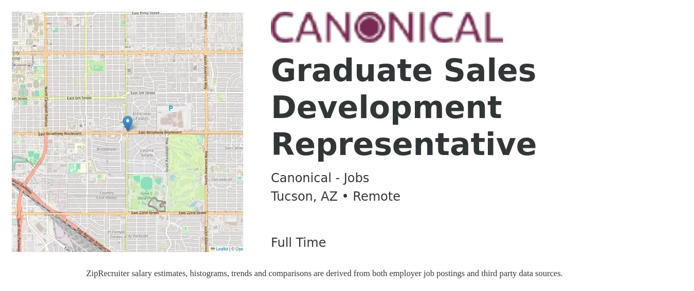 Canonical - Jobs job posting for a Graduate Sales Development Representative in Tucson, AZ with a salary of $39,700 to $57,700 Yearly with a map of Tucson location.