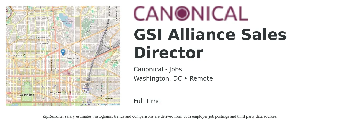 Canonical - Jobs job posting for a GSI Alliance Sales Director in Washington, DC with a salary of $79,800 to $141,600 Yearly with a map of Washington location.