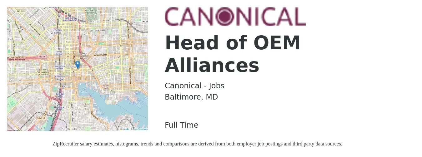 Canonical - Jobs job posting for a Head of OEM Alliances in Baltimore, MD with a salary of $87,400 to $182,300 Yearly with a map of Baltimore location.
