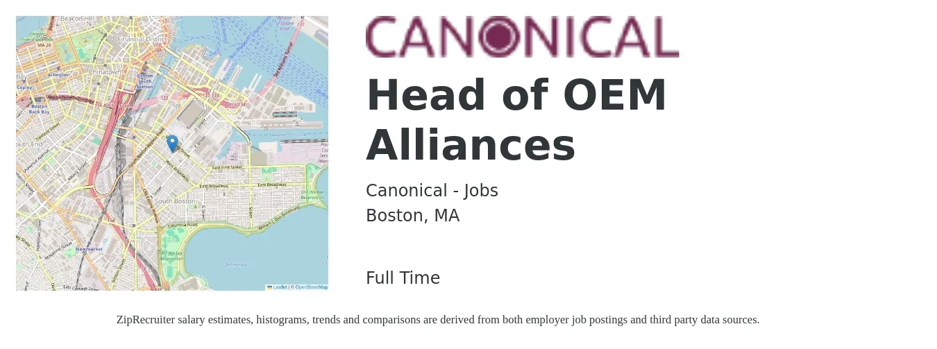 Canonical - Jobs job posting for a Head of OEM Alliances in Boston, MA with a salary of $95,600 to $199,400 Yearly with a map of Boston location.