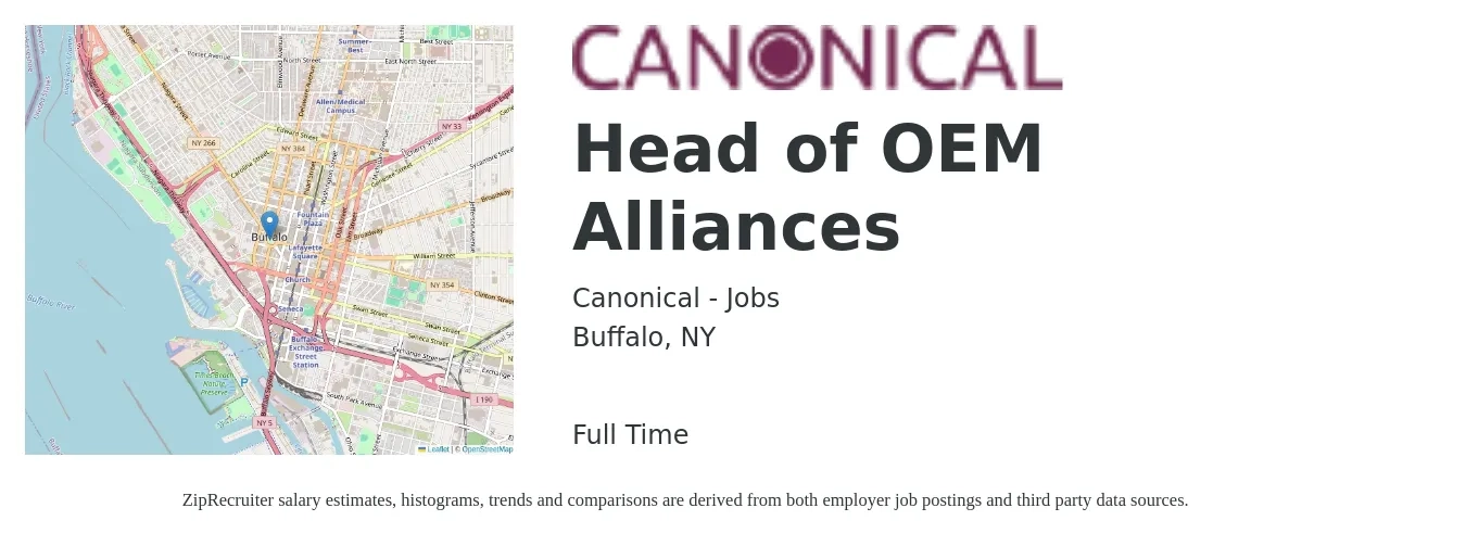 Canonical - Jobs job posting for a Head of OEM Alliances in Buffalo, NY with a salary of $85,200 to $177,700 Yearly with a map of Buffalo location.