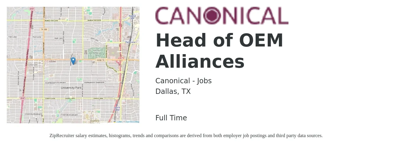 Canonical - Jobs job posting for a Head of OEM Alliances in Dallas, TX with a salary of $87,100 to $181,500 Yearly with a map of Dallas location.
