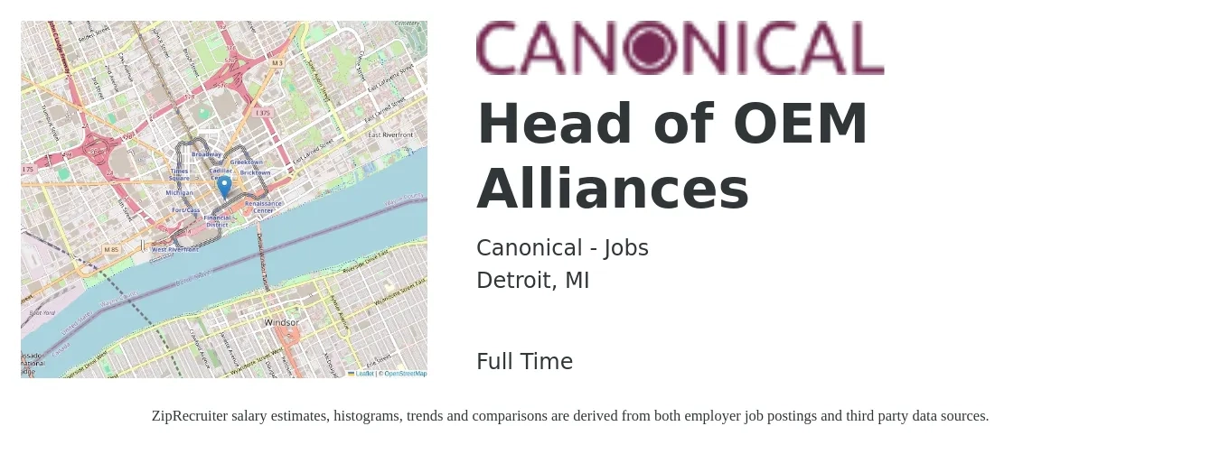 Canonical - Jobs job posting for a Head of OEM Alliances in Detroit, MI with a salary of $87,100 to $181,700 Yearly with a map of Detroit location.