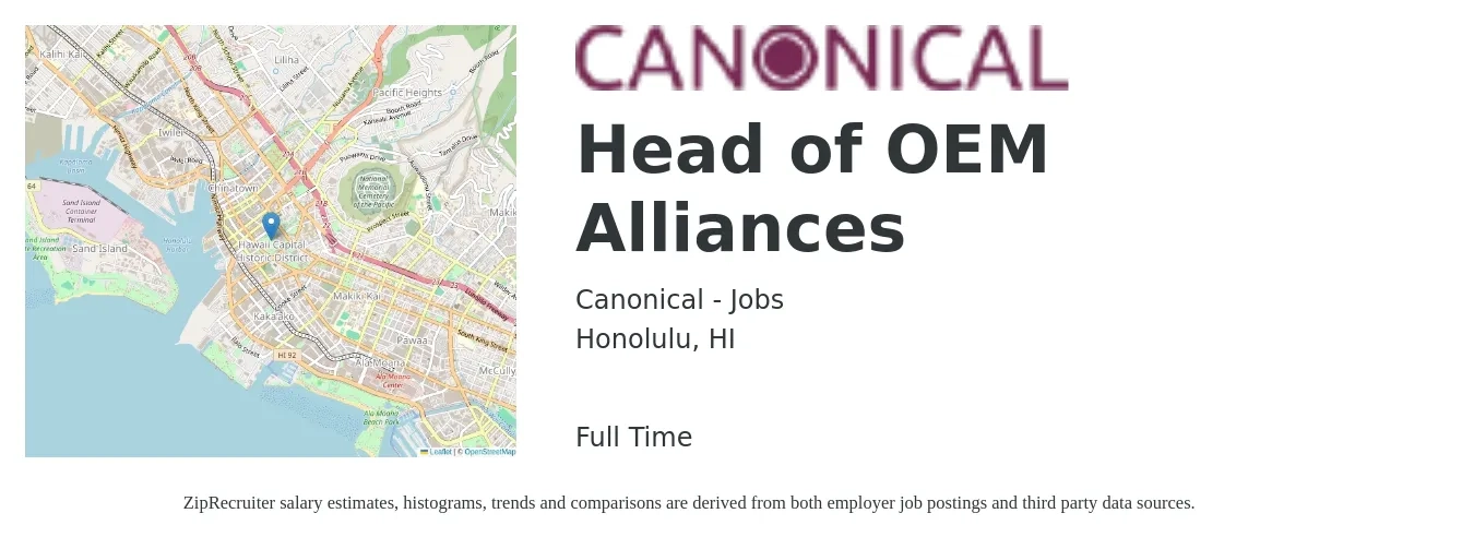 Canonical - Jobs job posting for a Head of OEM Alliances in Honolulu, HI with a salary of $86,900 to $181,200 Yearly with a map of Honolulu location.