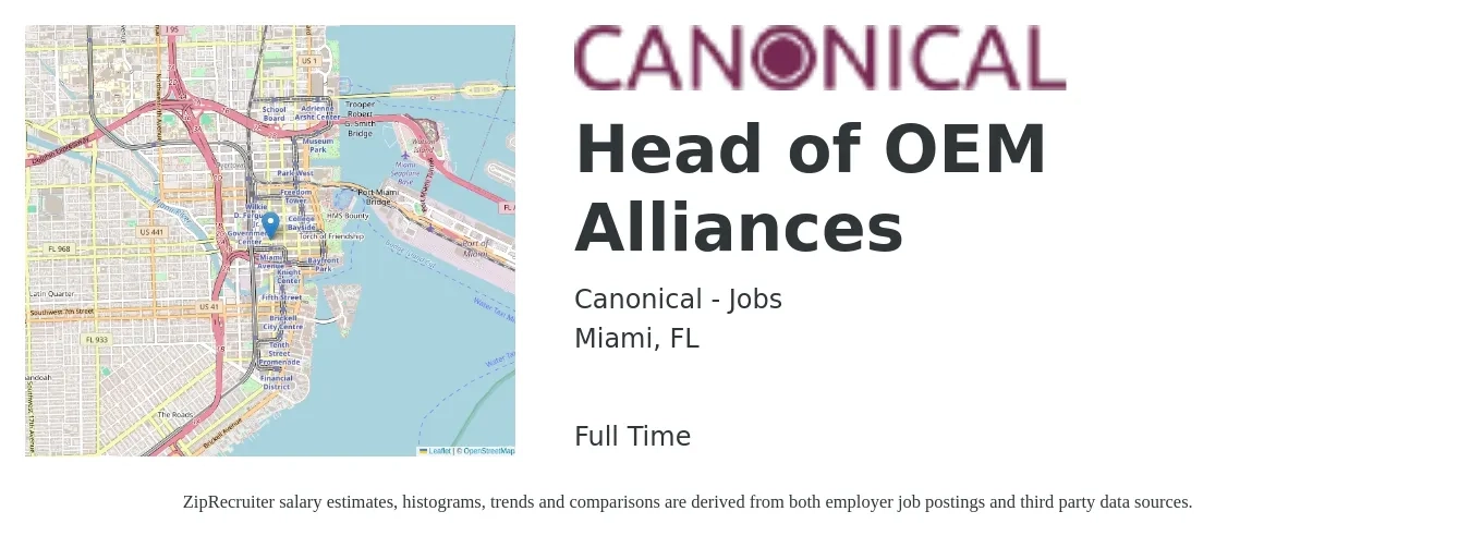 Canonical - Jobs job posting for a Head of OEM Alliances in Miami, FL with a salary of $84,200 to $175,500 Yearly with a map of Miami location.