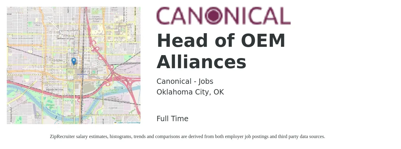 Canonical - Jobs job posting for a Head of OEM Alliances in Oklahoma City, OK with a salary of $81,700 to $170,500 Yearly with a map of Oklahoma City location.
