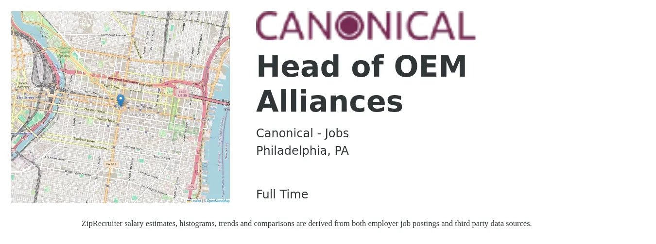 Canonical - Jobs job posting for a Head of OEM Alliances in Philadelphia, PA with a salary of $88,800 to $185,200 Yearly with a map of Philadelphia location.