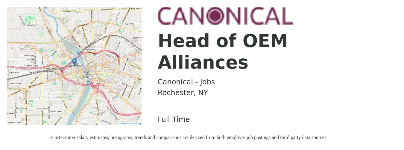 Canonical - Jobs job posting for a Head of OEM Alliances in Rochester, NY with a salary of $86,800 to $181,100 Yearly with a map of Rochester location.
