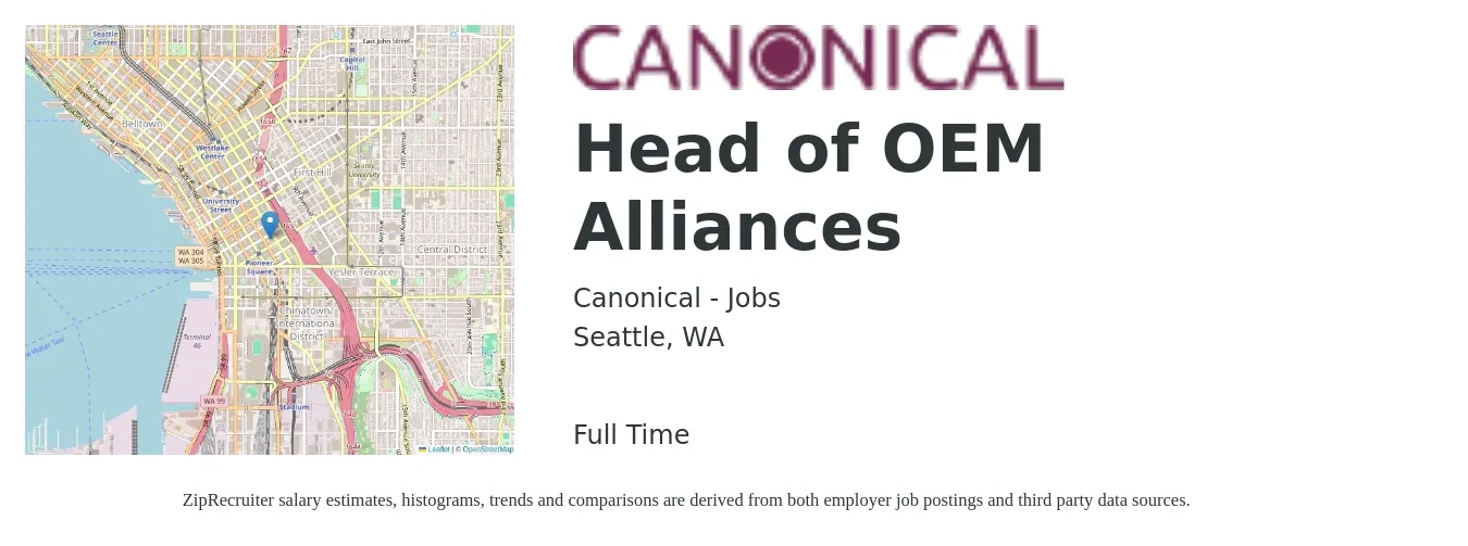 Canonical - Jobs job posting for a Head of OEM Alliances in Seattle, WA with a salary of $100,100 to $208,800 Yearly with a map of Seattle location.