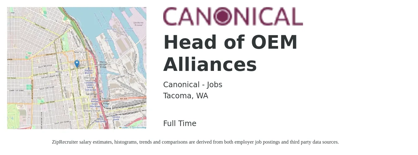 Canonical - Jobs job posting for a Head of OEM Alliances in Tacoma, WA with a salary of $94,500 to $197,100 Yearly with a map of Tacoma location.