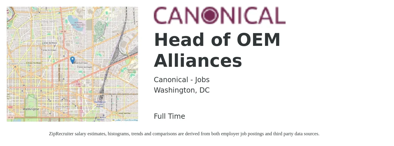 Canonical - Jobs job posting for a Head of OEM Alliances in Washington, DC with a salary of $99,700 to $207,800 Yearly with a map of Washington location.