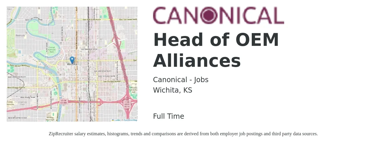 Canonical - Jobs job posting for a Head of OEM Alliances in Wichita, KS with a salary of $78,700 to $164,200 Yearly with a map of Wichita location.