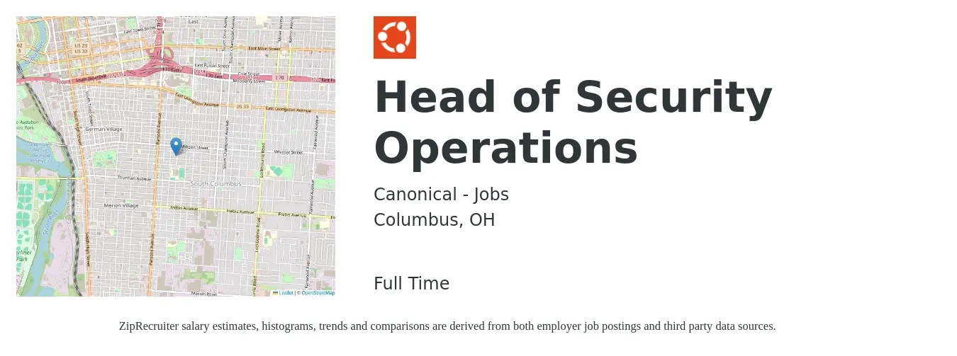 Canonical - Jobs job posting for a Head of Security Operations in Columbus, OH with a salary of $50,200 to $97,100 Yearly with a map of Columbus location.