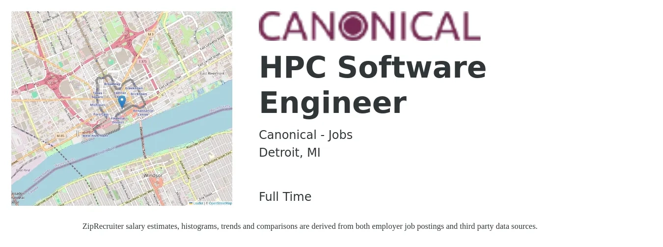 Canonical - Jobs job posting for a HPC Software Engineer in Detroit, MI with a salary of $118,800 to $171,300 Yearly with a map of Detroit location.