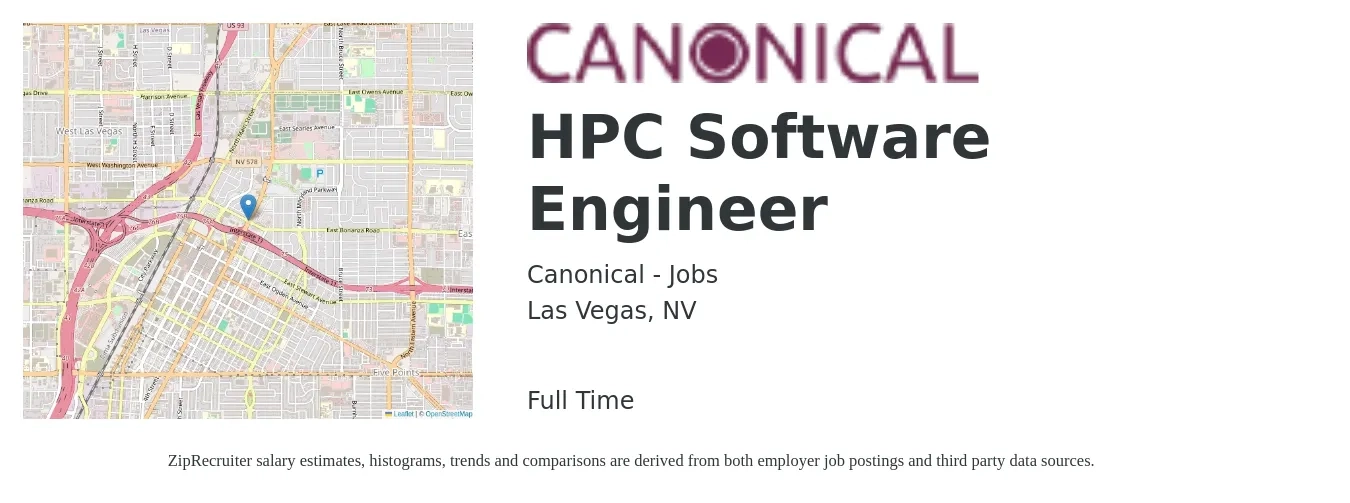 Canonical - Jobs job posting for a HPC Software Engineer in Las Vegas, NV with a salary of $114,600 to $165,200 Yearly with a map of Las Vegas location.