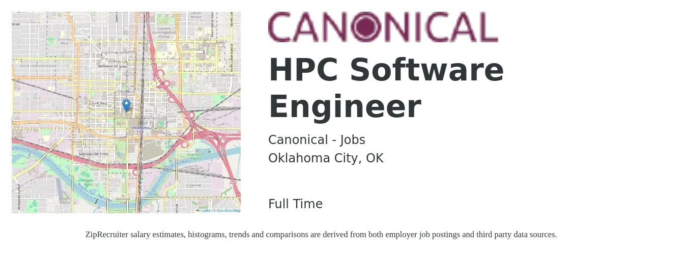 Canonical - Jobs job posting for a HPC Software Engineer in Oklahoma City, OK with a salary of $111,500 to $160,700 Yearly with a map of Oklahoma City location.