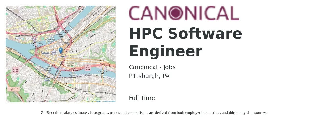Canonical - Jobs job posting for a HPC Software Engineer in Pittsburgh, PA with a salary of $116,500 to $168,000 Yearly with a map of Pittsburgh location.