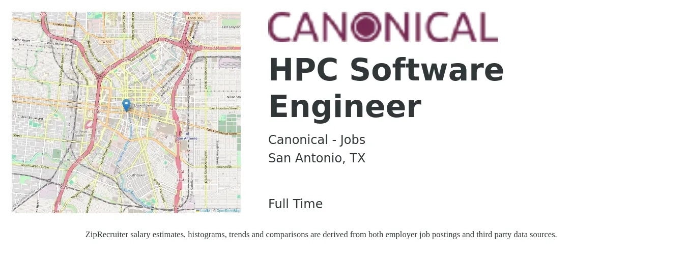 Canonical - Jobs job posting for a HPC Software Engineer in San Antonio, TX with a salary of $108,200 to $156,000 Yearly with a map of San Antonio location.