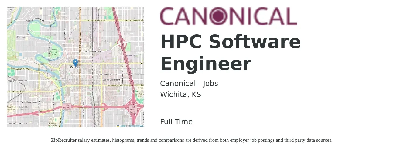 Canonical - Jobs job posting for a HPC Software Engineer in Wichita, KS with a salary of $107,400 to $154,800 Yearly with a map of Wichita location.