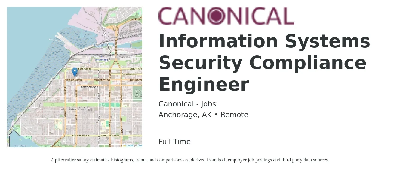 Canonical - Jobs job posting for a Information Systems Security Compliance Engineer in Anchorage, AK with a salary of $108,300 to $123,700 Yearly with a map of Anchorage location.