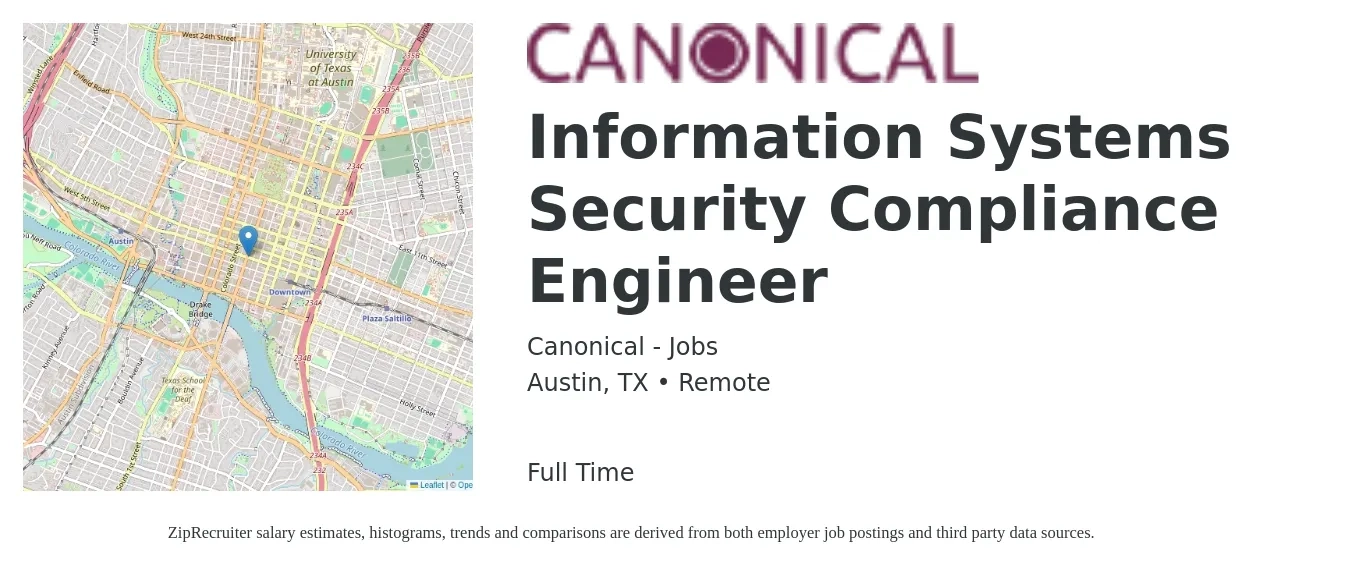 Canonical - Jobs job posting for a Information Systems Security Compliance Engineer in Austin, TX with a salary of $105,100 to $119,900 Yearly with a map of Austin location.