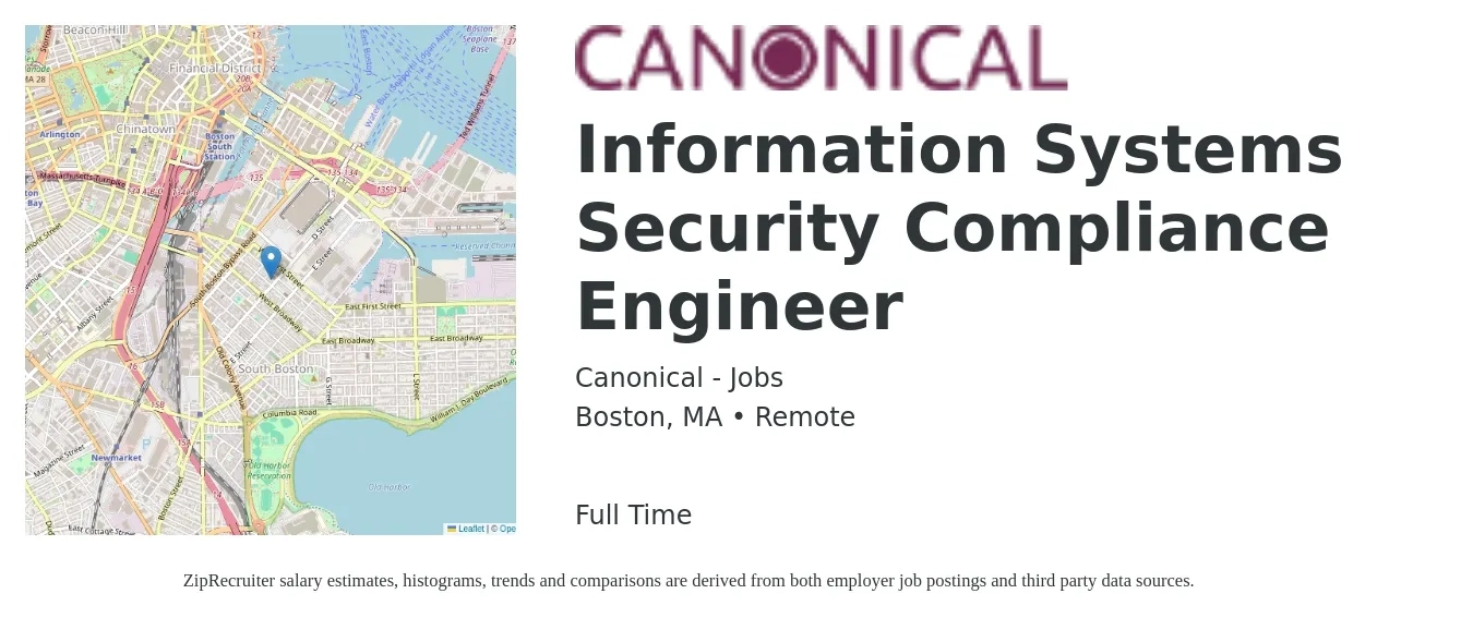 Canonical - Jobs job posting for a Information Systems Security Compliance Engineer in Boston, MA with a salary of $115,200 to $131,500 Yearly with a map of Boston location.