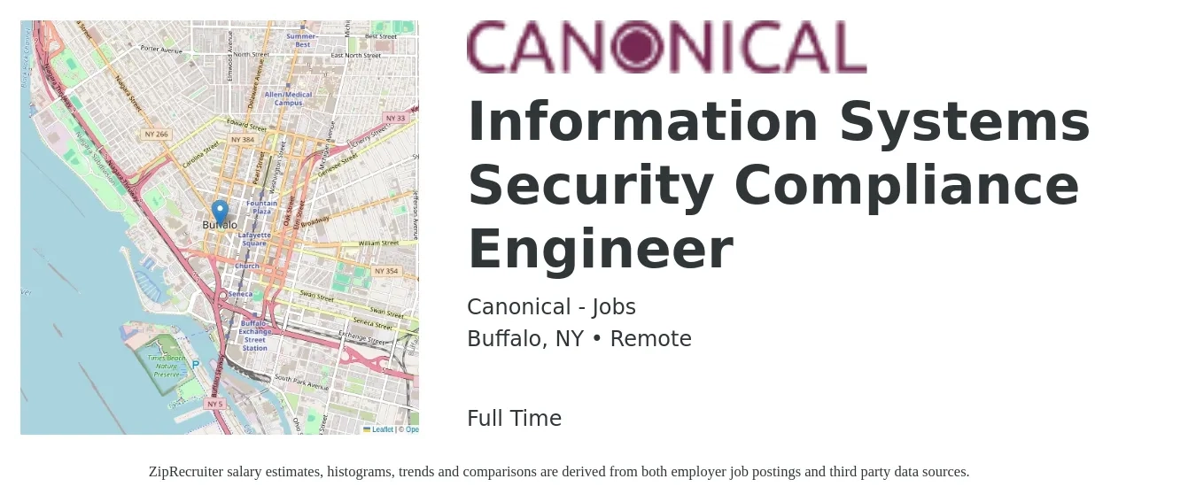 Canonical - Jobs job posting for a Information Systems Security Compliance Engineer in Buffalo, NY with a salary of $102,700 to $117,200 Yearly with a map of Buffalo location.