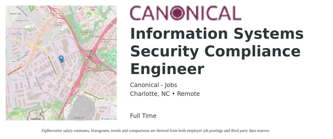 Canonical - Jobs job posting for a Information Systems Security Compliance Engineer in Charlotte, NC with a salary of $103,500 to $118,200 Yearly with a map of Charlotte location.