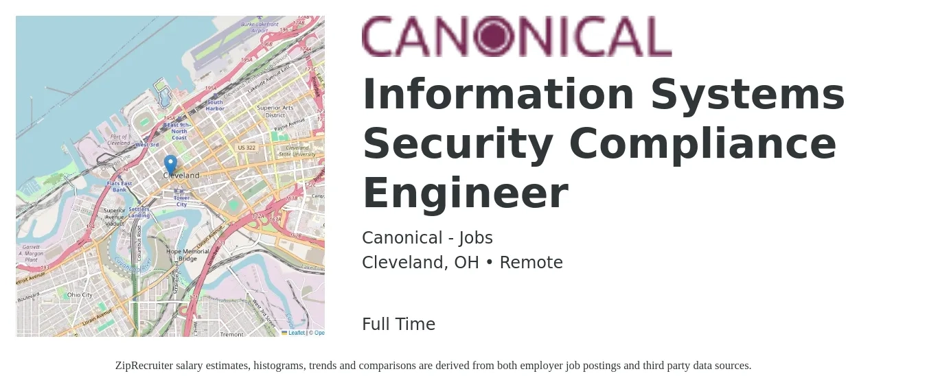 Canonical - Jobs job posting for a Information Systems Security Compliance Engineer in Cleveland, OH with a salary of $102,800 to $117,300 Yearly with a map of Cleveland location.