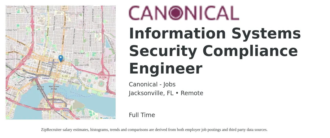Canonical - Jobs job posting for a Information Systems Security Compliance Engineer in Jacksonville, FL with a salary of $98,200 to $112,100 Yearly with a map of Jacksonville location.