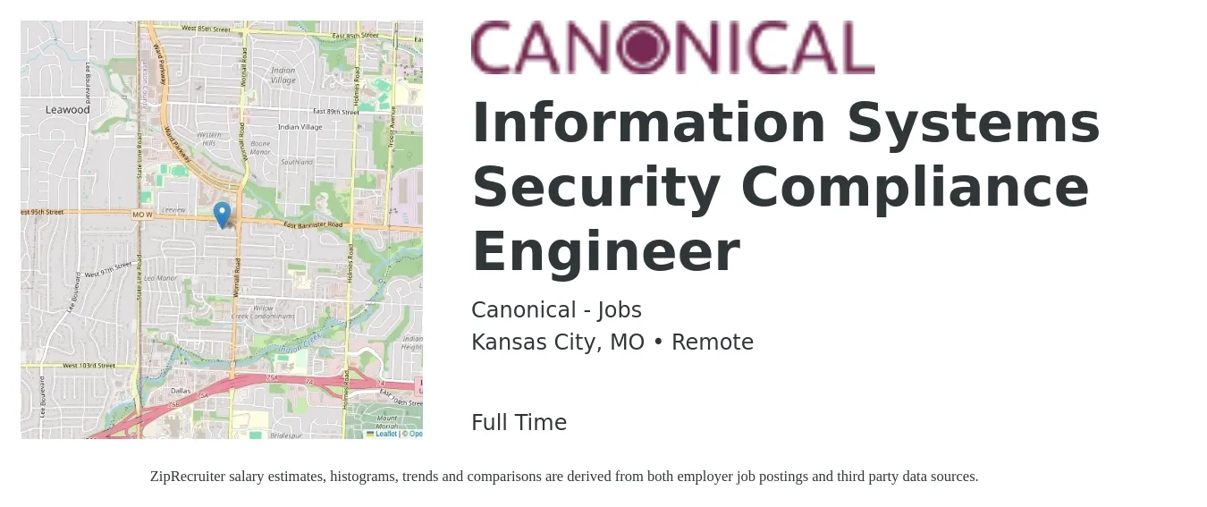 Canonical - Jobs job posting for a Information Systems Security Compliance Engineer in Kansas City, MO with a salary of $103,400 to $118,100 Yearly with a map of Kansas City location.
