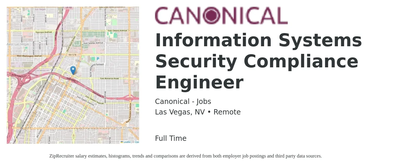 Canonical - Jobs job posting for a Information Systems Security Compliance Engineer in Las Vegas, NV with a salary of $101,200 to $115,600 Yearly with a map of Las Vegas location.