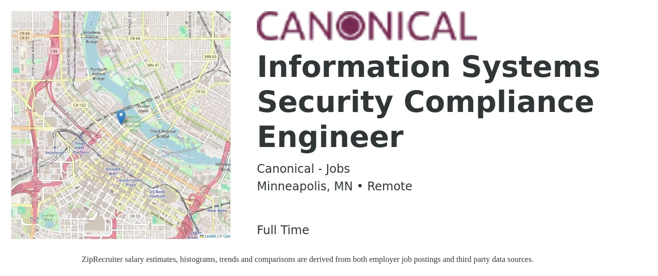Canonical - Jobs job posting for a Information Systems Security Compliance Engineer in Minneapolis, MN with a salary of $110,600 to $126,300 Yearly with a map of Minneapolis location.