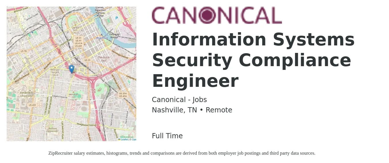 Canonical - Jobs job posting for a Information Systems Security Compliance Engineer in Nashville, TN with a salary of $102,400 to $116,900 Yearly with a map of Nashville location.