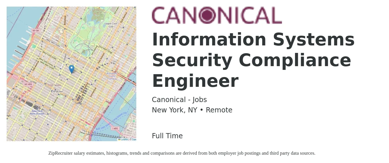 Canonical - Jobs job posting for a Information Systems Security Compliance Engineer in New York, NY with a salary of $116,000 to $132,400 Yearly with a map of New York location.
