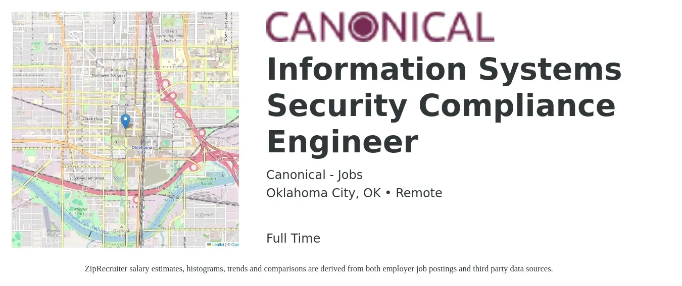 Canonical - Jobs job posting for a Information Systems Security Compliance Engineer in Oklahoma City, OK with a salary of $98,500 to $112,400 Yearly with a map of Oklahoma City location.