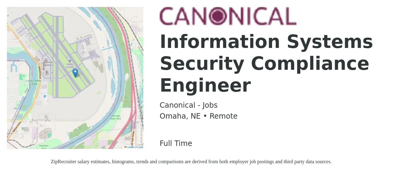 Canonical - Jobs job posting for a Information Systems Security Compliance Engineer in Omaha, NE with a salary of $101,400 to $115,800 Yearly with a map of Omaha location.