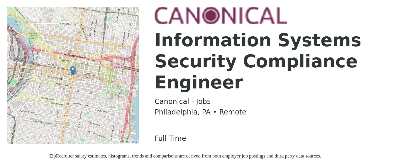 Canonical - Jobs job posting for a Information Systems Security Compliance Engineer in Philadelphia, PA with a salary of $107,000 to $122,100 Yearly with a map of Philadelphia location.
