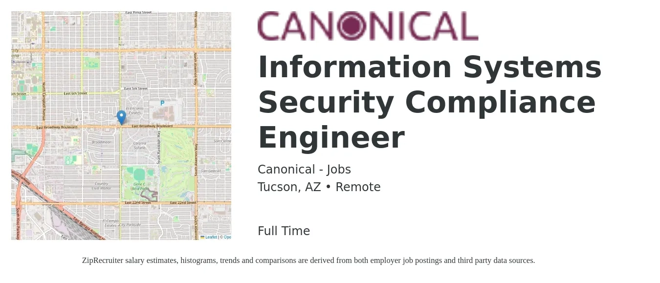 Canonical - Jobs job posting for a Information Systems Security Compliance Engineer in Tucson, AZ with a salary of $100,200 to $114,400 Yearly with a map of Tucson location.
