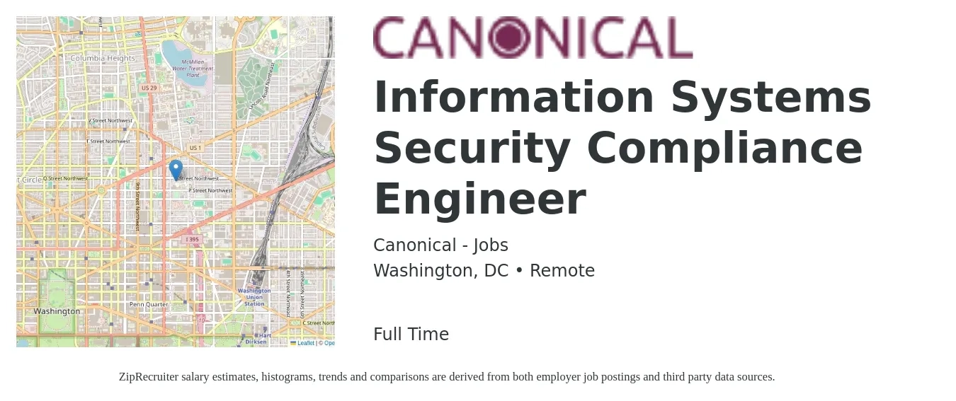 Canonical - Jobs job posting for a Information Systems Security Compliance Engineer in Washington, DC with a salary of $120,100 to $137,000 Yearly with a map of Washington location.