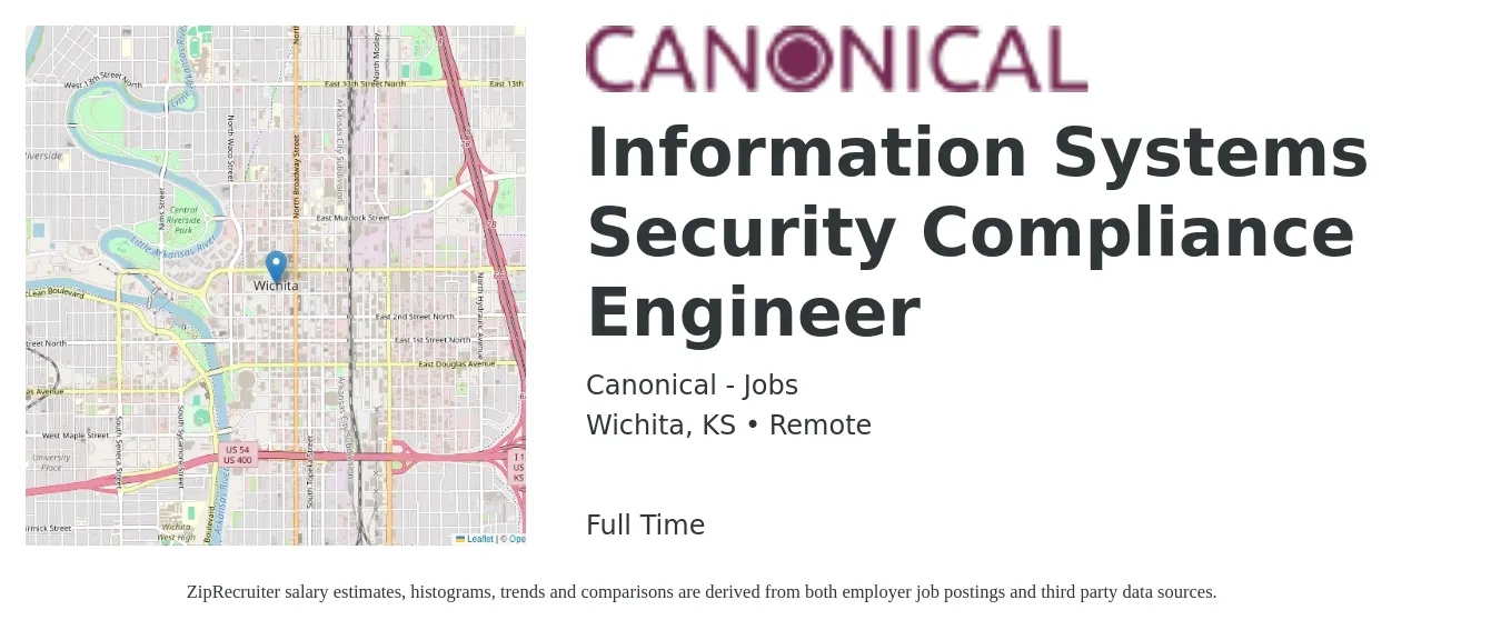 Canonical - Jobs job posting for a Information Systems Security Compliance Engineer in Wichita, KS with a salary of $94,800 to $108,200 Yearly with a map of Wichita location.