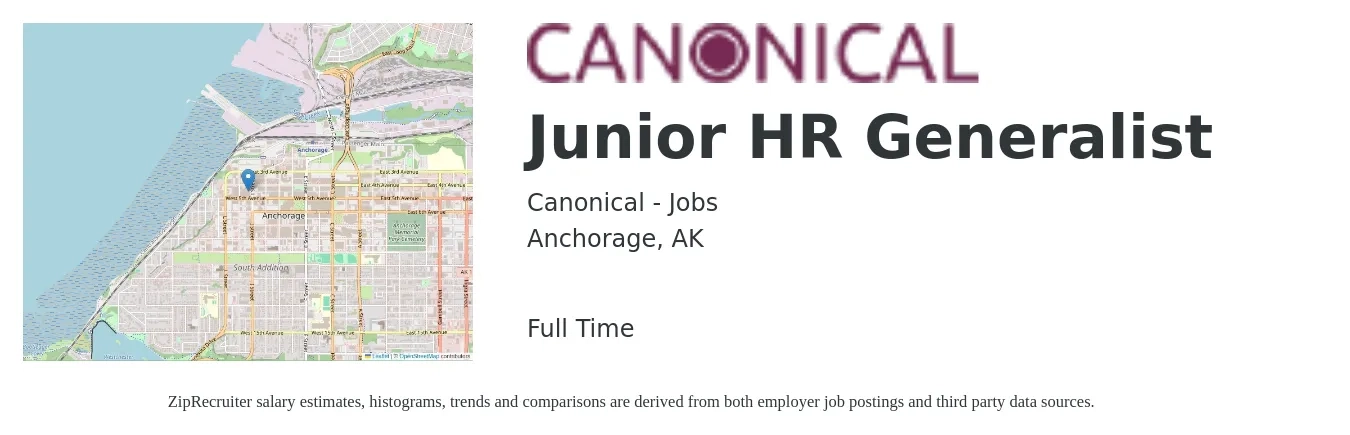 Canonical - Jobs job posting for a Junior HR Generalist in Anchorage, AK with a salary of $53,100 to $75,600 Yearly with a map of Anchorage location.