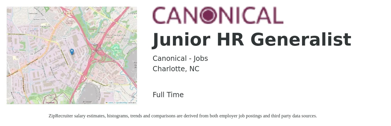 Canonical - Jobs job posting for a Junior HR Generalist in Charlotte, NC with a salary of $50,800 to $72,300 Yearly with a map of Charlotte location.