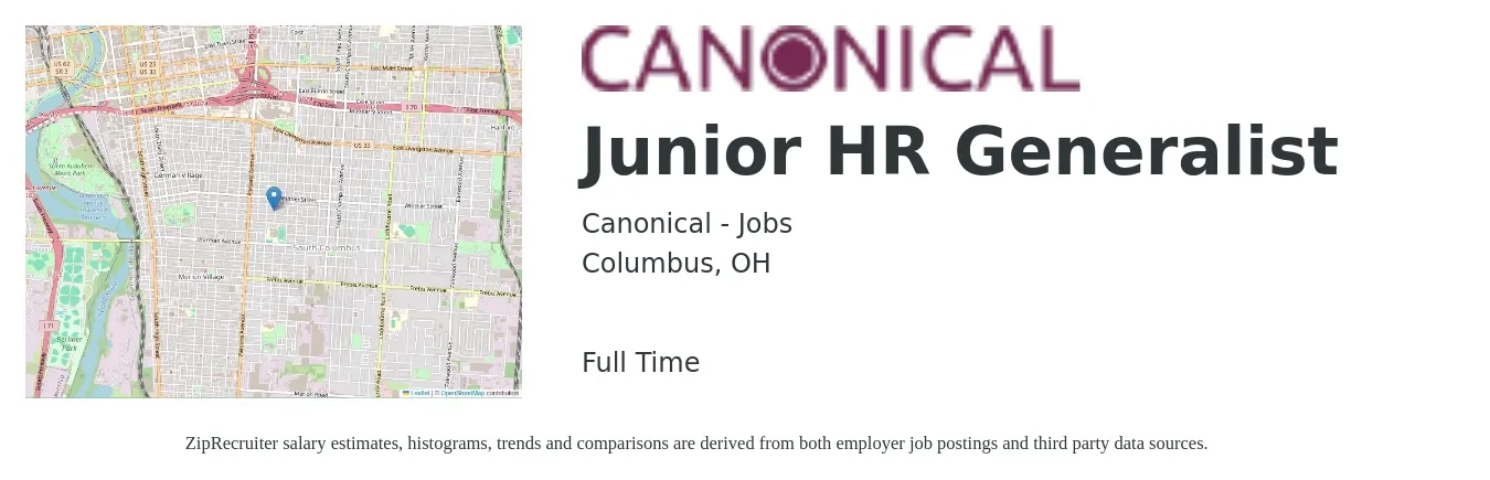 Canonical - Jobs job posting for a Junior HR Generalist in Columbus, OH with a salary of $50,200 to $71,500 Yearly with a map of Columbus location.