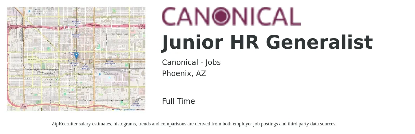 Canonical - Jobs job posting for a Junior HR Generalist in Phoenix, AZ with a salary of $51,600 to $73,500 Yearly with a map of Phoenix location.