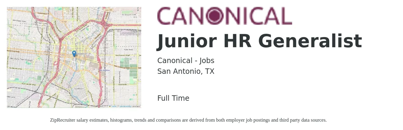Canonical - Jobs job posting for a Junior HR Generalist in San Antonio, TX with a salary of $46,900 to $66,700 Yearly with a map of San Antonio location.