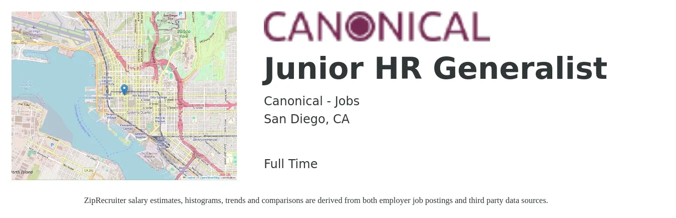 Canonical - Jobs job posting for a Junior HR Generalist in San Diego, CA with a salary of $55,200 to $78,600 Yearly with a map of San Diego location.