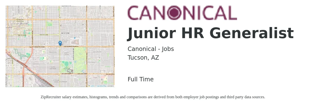Canonical - Jobs job posting for a Junior HR Generalist in Tucson, AZ with a salary of $49,200 to $70,000 Yearly with a map of Tucson location.